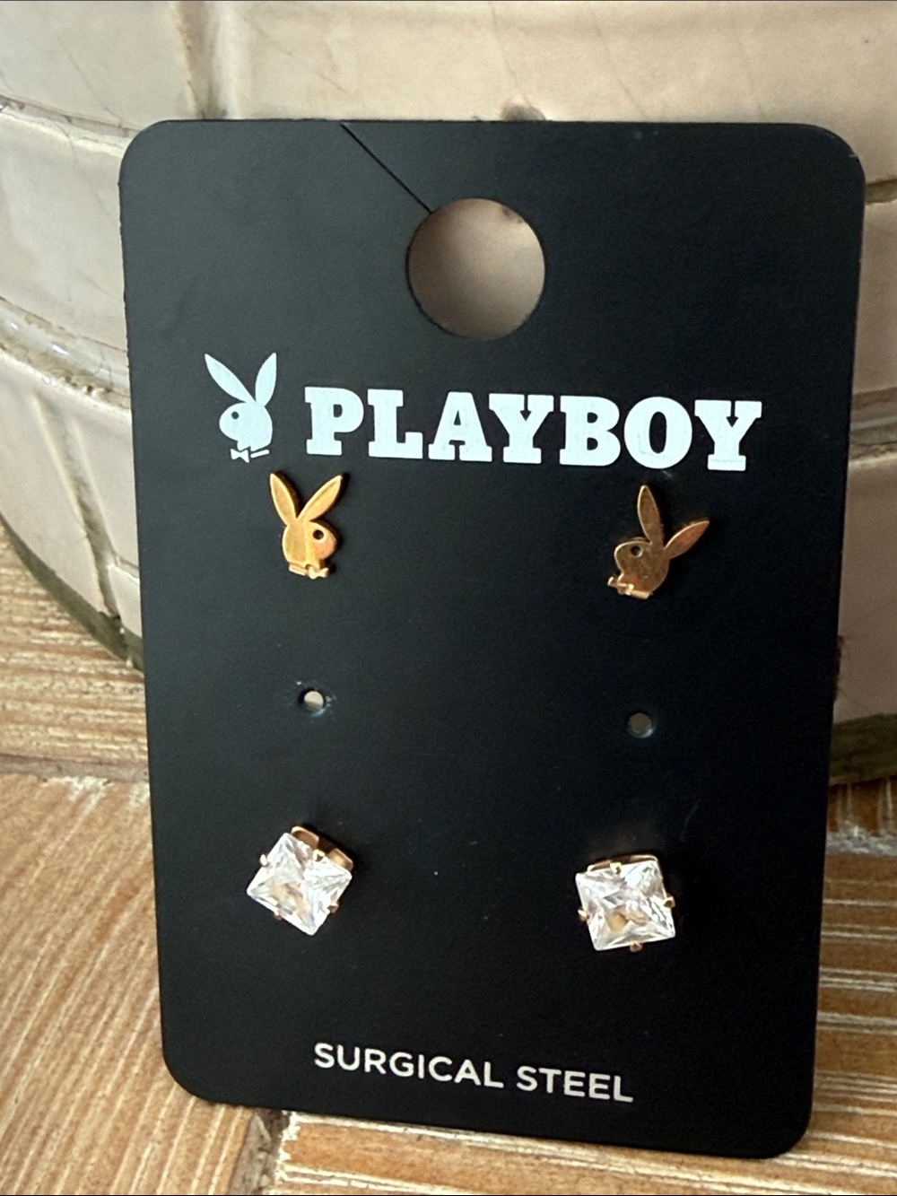 Playboy Bunny Goldtone Earrings & Clear Stone Stud Earring Set New Steel